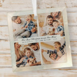 Ornement En Verre Notre Premier Noël Dans Notre Nouvelle Maison Mode<br><div class="desc">Design est composé de typographie chic moderne avec sans serif et serif police. Ajoutez des photos personnalisées de la famille,  de la nouvelle maison et de l'année.</div>