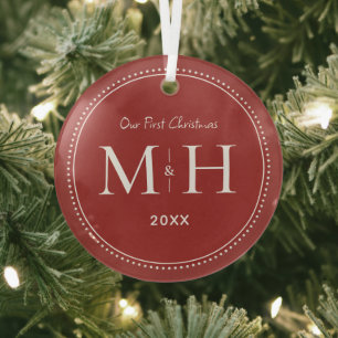 Ornement En Verre Notre premier Noël Nouveau mariés Monogramme Rouge