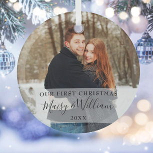 Ornement En Verre Notre première photo de Noël de jeunes mariés