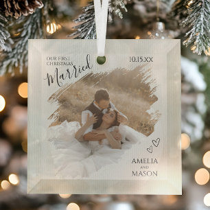 Ornement En Verre Notre première photo de Noël ensemble de mariage