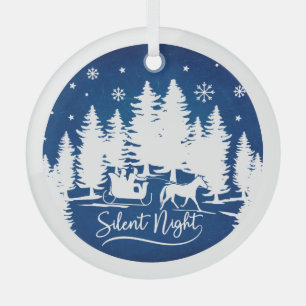 Ornement En Verre Nuit silencieuse avec traîneau flocons pines bleu
