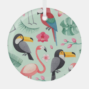 Ornement En Verre Oiseaux tropicaux, fleurs, motif d'aquarelle.