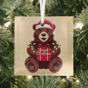 Ornement En Verre Ours de Noël avec Cadeau et Lumières