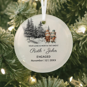 Ornement En Verre Ours de pin de Noël Ski Couple Fiançailles