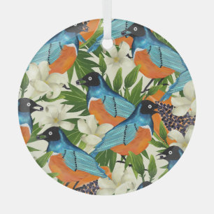 Ornement En Verre papaye tropicale et motif d'oiseaux.