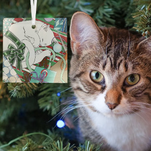 Ornement En Verre Papier Cadeau de Noël Chat Blanc Endormi