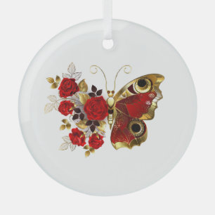 Ornement En Verre Papillon de fleurs rouges aux roses rouges