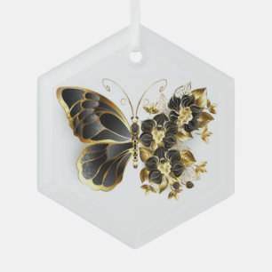 Ornement En Verre Papillon fleur d'or avec orchidée noire