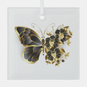 Ornement En Verre Papillon fleur d'or avec orchidée noire