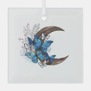 Ornement En Verre Papillons bleus sur croissant en bois
