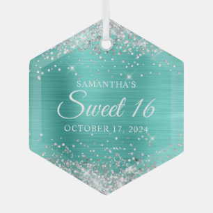 Ornement En Verre Parties scintillant d'argent Turquoise Foil Sweet