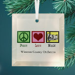Ornement En Verre Peace Love Music Noël personnalisé<br><div class="desc">Joli ornement de Noël musicien personnalisé avec un signe de paix,  le coeur,  une clef et un personnel musical. Cadeau cool PEACE LOVE MUSIC pour un compositeur,  un professeur de musique,  un directeur de groupe ou un chef de choeur à donner à leurs étudiants en musique.</div>