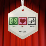 Ornement En Verre Peace Love Theater Noël personnalisé<br><div class="desc">Un signe de paix,  un coeur,  et un masque heureux et triste symbolisant l'action. Un cadeau mignon pour un acteur dans un club de théâtre ou une compagnie de théâtre. Peace Love Théâtre ornement de Noël avec votre texte personnalisé pour un grand cadeau.</div>