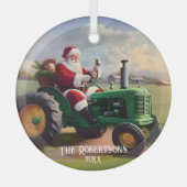 Ornement En Verre Père Noël conduisant un tracteur vert (Recto)