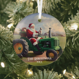 Ornement En Verre Père Noël conduisant un tracteur vert