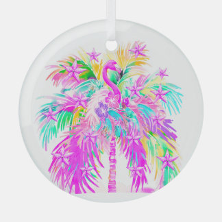 Ornement En Verre Personalized Tropical Palm Tree Flamngo Christmas