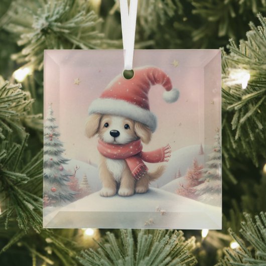 Ornement En Verre Petit chiot de Noël en chapeau santa (Insitu)