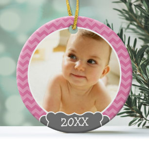 Ornement En Verre Photo Baby First Christmas - chevrons roses gris