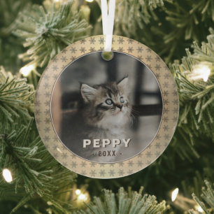 Ornement En Verre Photo de chat élégant Flocons d'or Noël