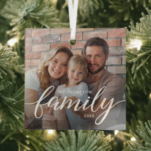 Ornement En Verre Photo de famille personnalisé Noël écriture modern
