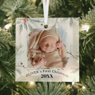 Ornement En Verre Photo de Noël de bébé avec feuillage d'hiver et ho