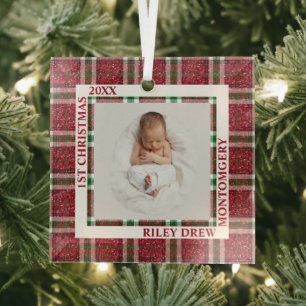 Ornement En Verre Photo de Noël de bébé en tartan