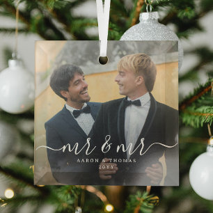 Ornement En Verre Photo de Nouveaux Mariés Mr & Mr Script Noël 