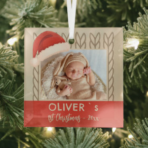 Ornement En Verre Photo du bonnet de Noël de bébé tricoté pour son 1