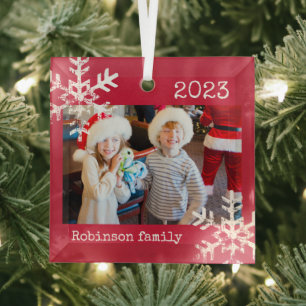 Ornement En Verre Photo personnalisée avec Snowflakes Red