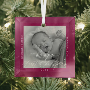 Ornement En Verre Photo personnalisée et nom du premier rose de Noël