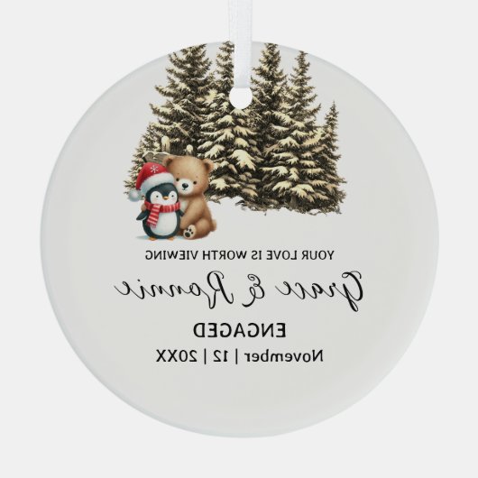 Ornement En Verre Pin de Noël Ours Penguin Couple Fiançailles (Verso)