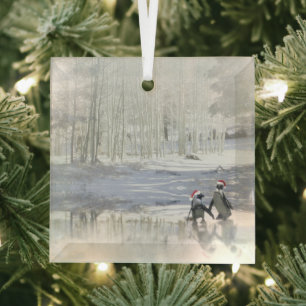 Ornement En Verre Pingouins de Noël Patinage Frozen Pond Ornament