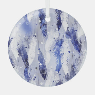 Ornement En Verre Plumes tombantes : motif bleu aquarelle.