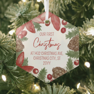 Ornement En Verre Poinsettia & Pin Notre Premier Noël à l'Adresse