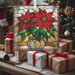 Ornement En Verre Poinsettias Plantés Faux Vitrail