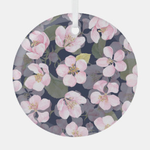 Ornement En Verre Pomme en fleurs : Aquarelle bleu foncé