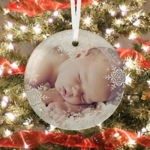 Ornement En Verre Premier Noël de bébé blanc flocons de neige argent