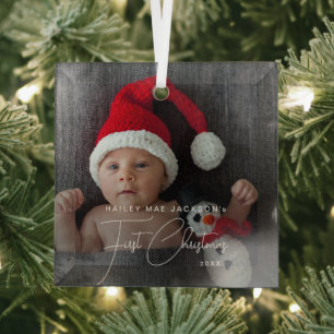 Ornement En Verre Premier Noël de bébé Élégant Police Blanche 1 Phot