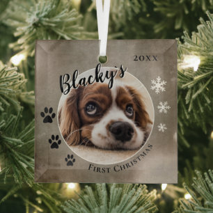 Ornement En Verre Premier Noël de chiot rustique Nom de chien Photo 