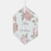 Ornement En Verre Premier Noël de couple Élégant Script Pink Peony (Avant gauche)