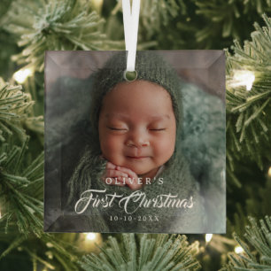 Ornement En Verre Premier Noël Editable Color Nouveau-Né Photo Bébé