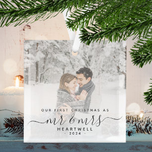 Ornement En Verre Premier Noël Marié Photo Personnalisée Gris Script