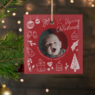 Ornement En Verre Premier Noël Rouge Mignon Dessins à la Main