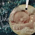 Ornement En Verre Premier Noël Simple Script personnalisé photo bébé<br><div class="desc">Ce design simple et classique est composé de typographie serif et d'ajouter une photo personnalisée et année.</div>