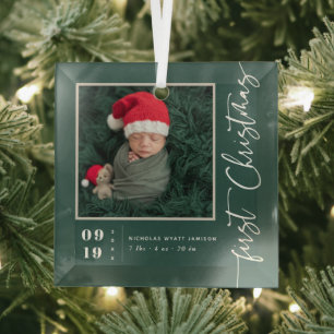 Ornement En Verre Premier Script de Noël Baby Birth Stats & Photo