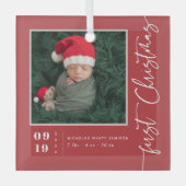 Ornement En Verre Premier Script de Noël Bébé Naissance Statistiques (Recto)