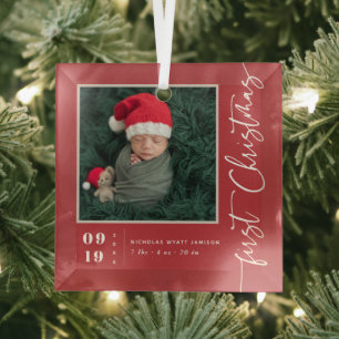 Ornement En Verre Premier Script de Noël Bébé Naissance Statistiques