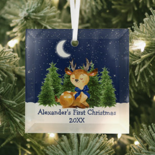 Ornement En Verre Première aquarelle de Noël de bébé Forêt de cerfs 