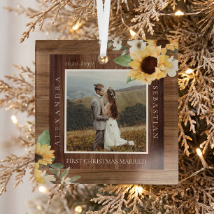 Ornement En Verre Première photo de Noël mariés Tournesol Bois veiné