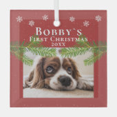 Ornement En Verre Puppy`s 1er Noël Pine Rouge Snowflakes Photo (Recto)